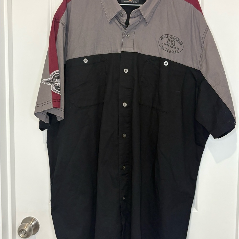 Harley-Davidson Black Gray and Maroon Short-Sleeve Button-Down Work Shirt